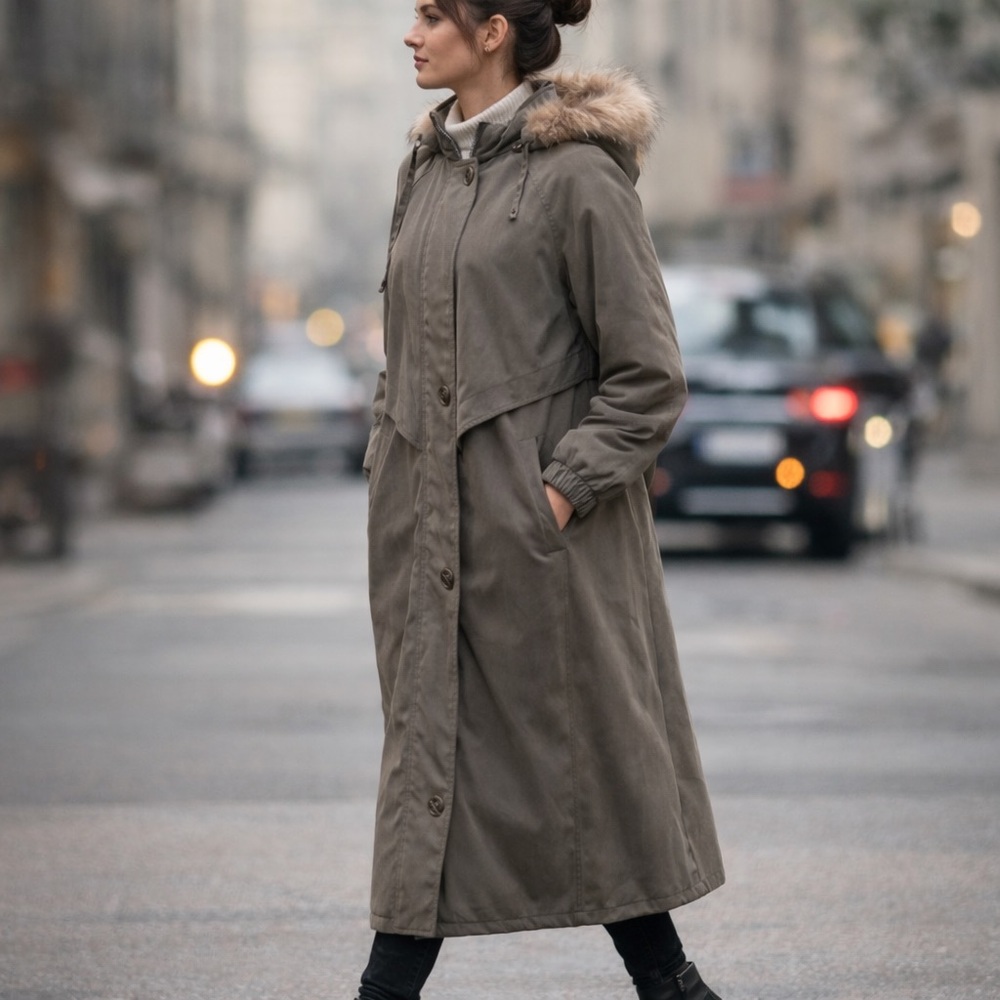 Fleet Street Long Taupe-Gray Hooded Coat with Faux-Fur Trim Size Small - Picture 2 of 10